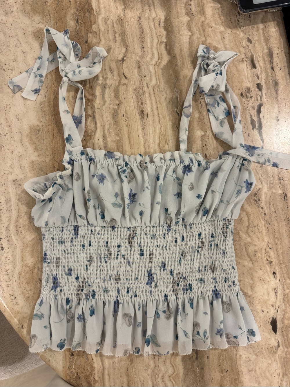 Aritzia Wilfred Free floral ruched crop top with tied straps